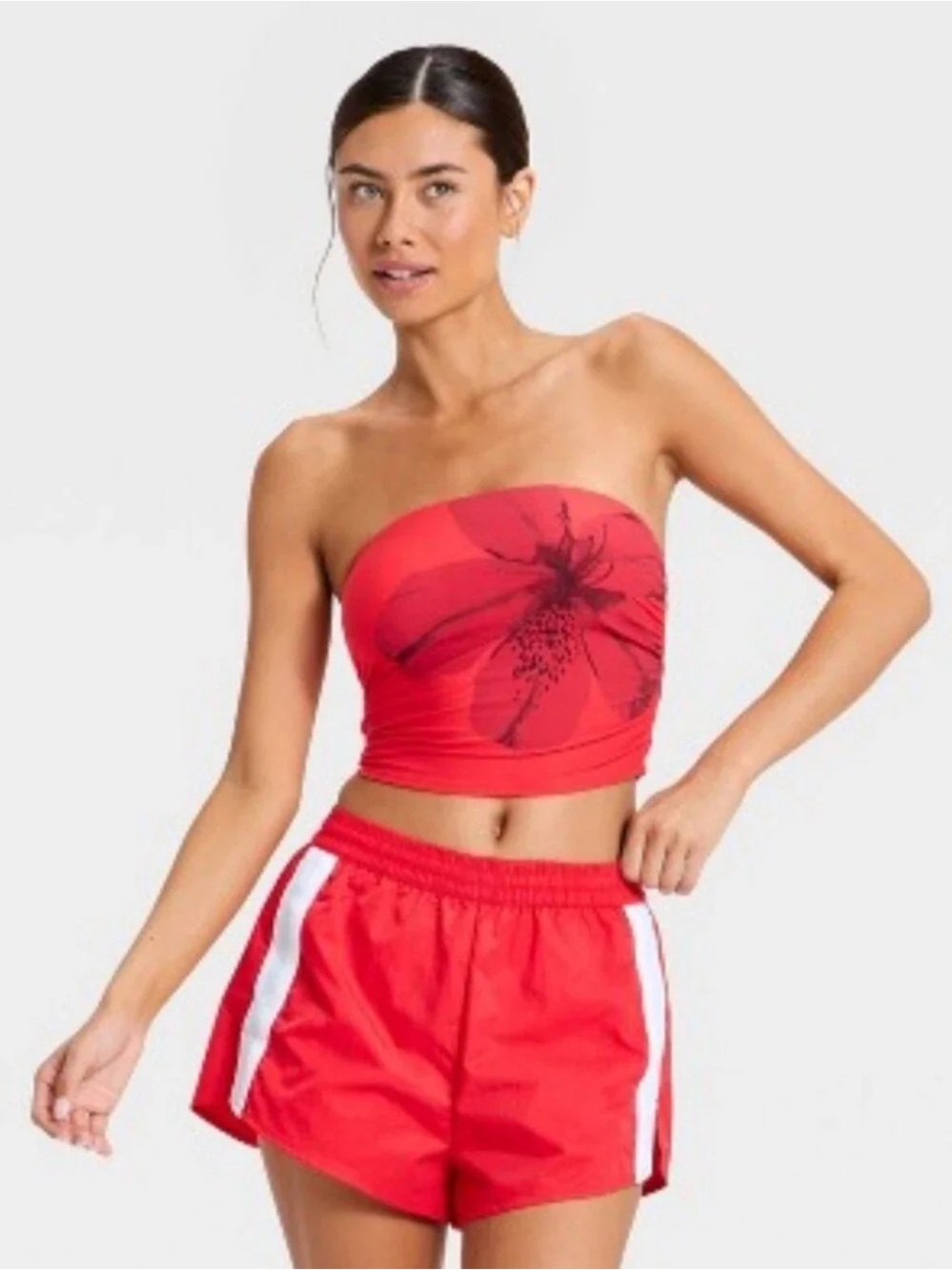 JoyLab Red Floral Strapless Tube Crop Top
